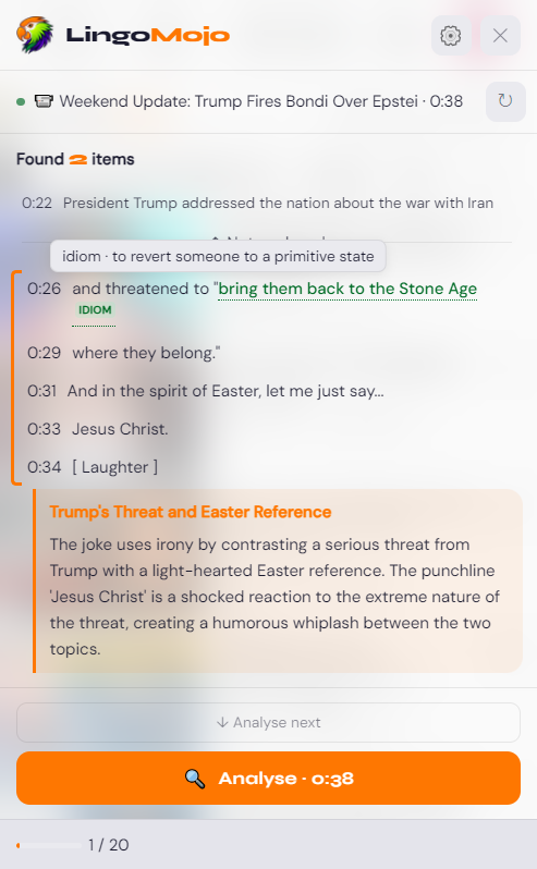 LingoMojo extension explaining a joke on a webpage