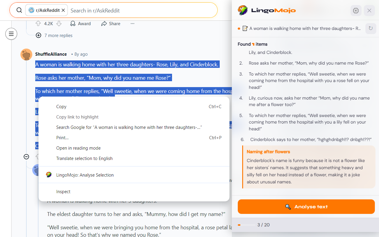 LingoMojo panel explaining text on a Reddit thread
