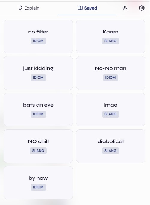 Saved tab with bookmarked slang and idioms
