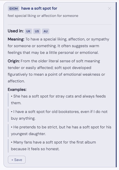 Slang card with usage regions, meaning, origin and examples