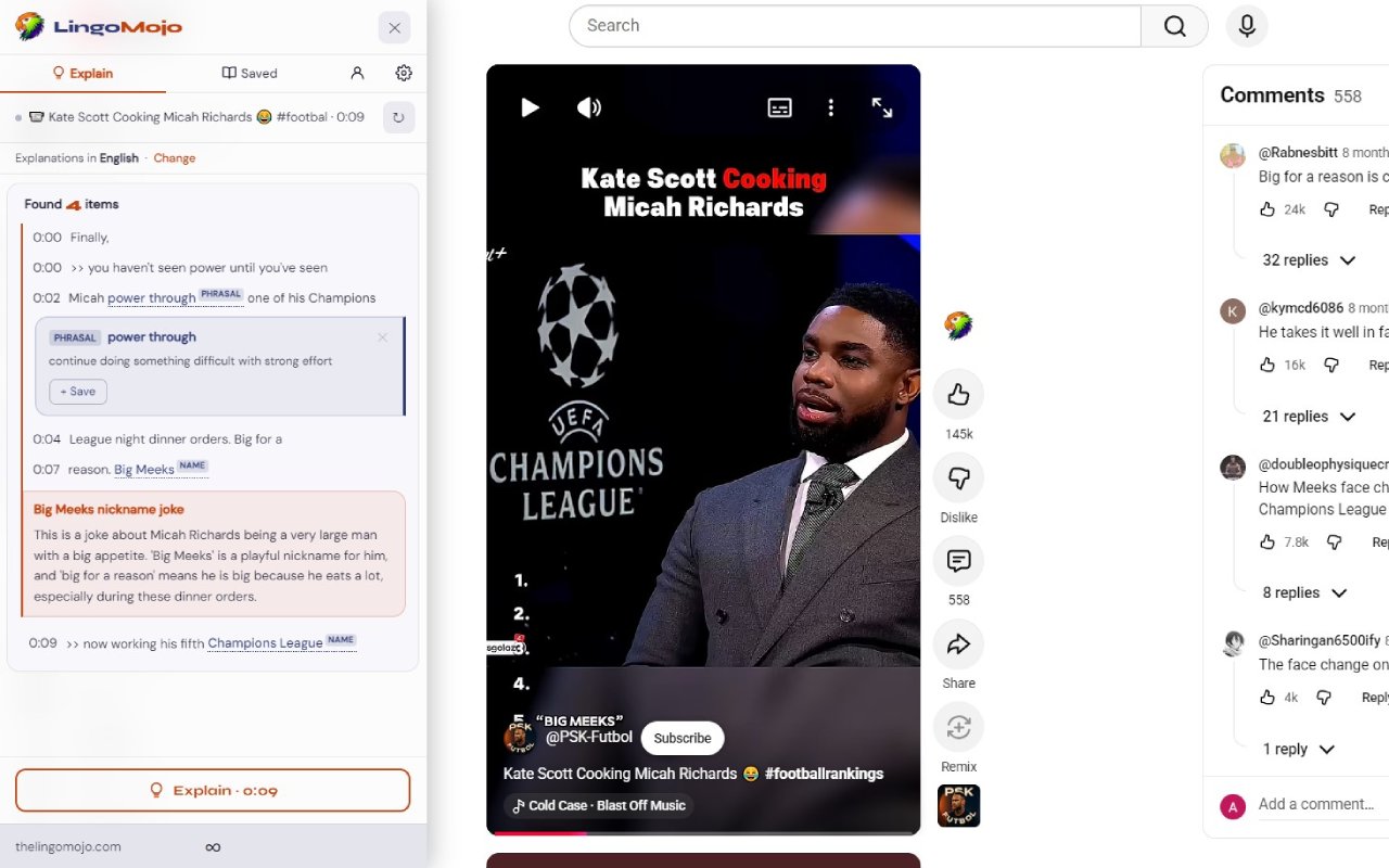 LingoMojo panel open next to a YouTube video
